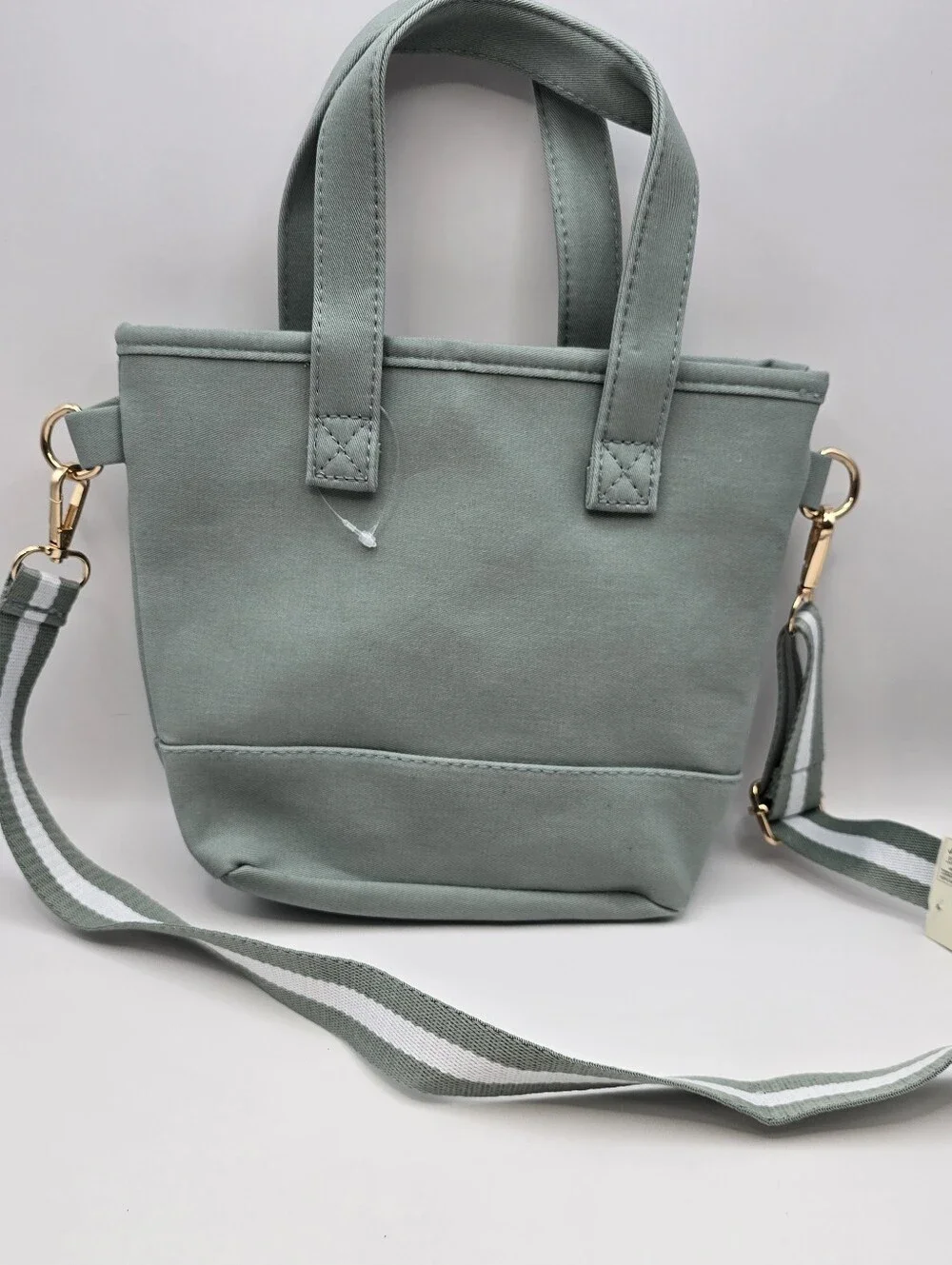 Max Studio Kids Sage Green Canvas Mini Tote with Striped Crossbody Strap